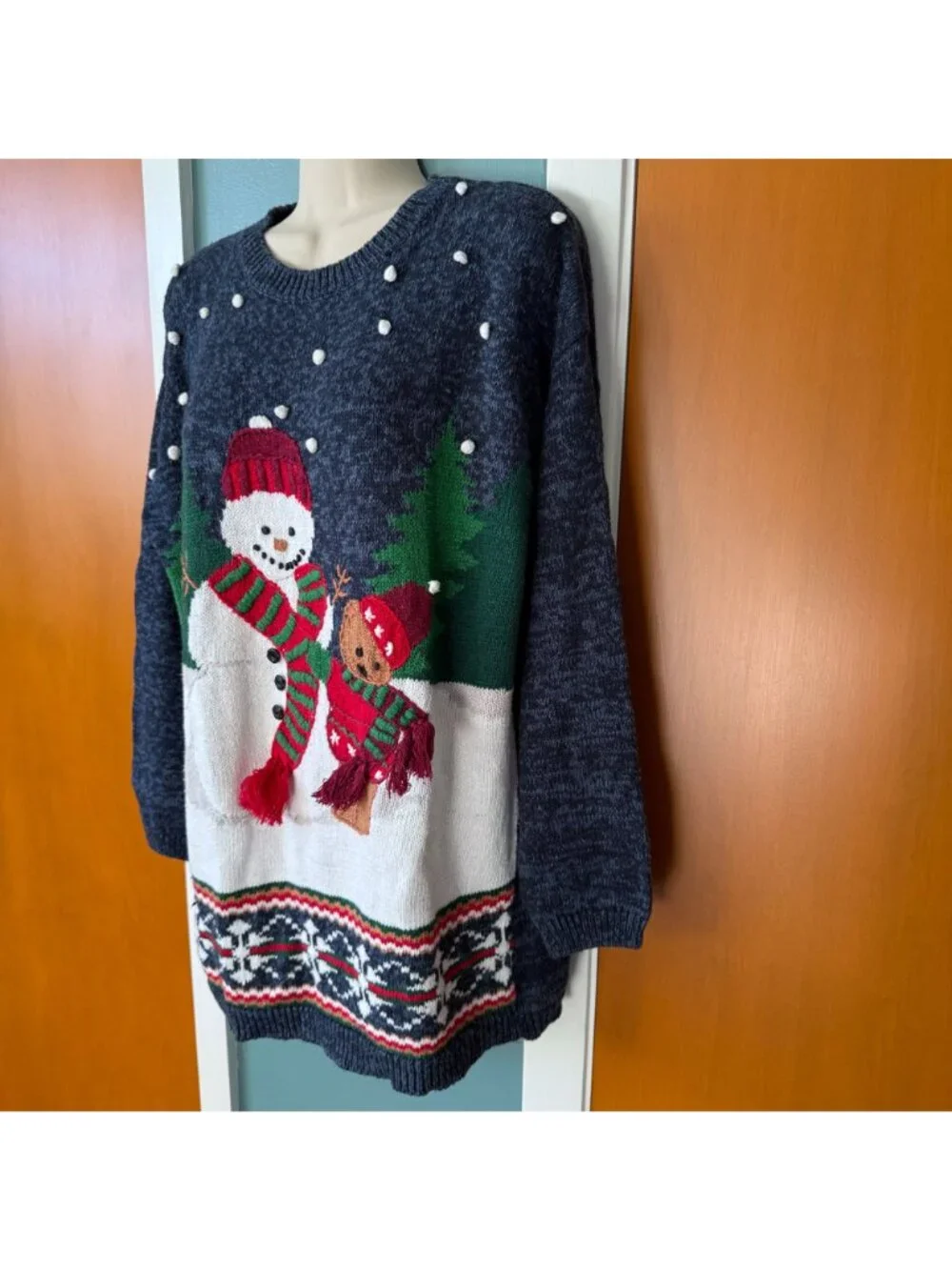 Ugly Christmas Sweater Womens Small Carly St. Claire Snowman & Reindeer Ramie/Co